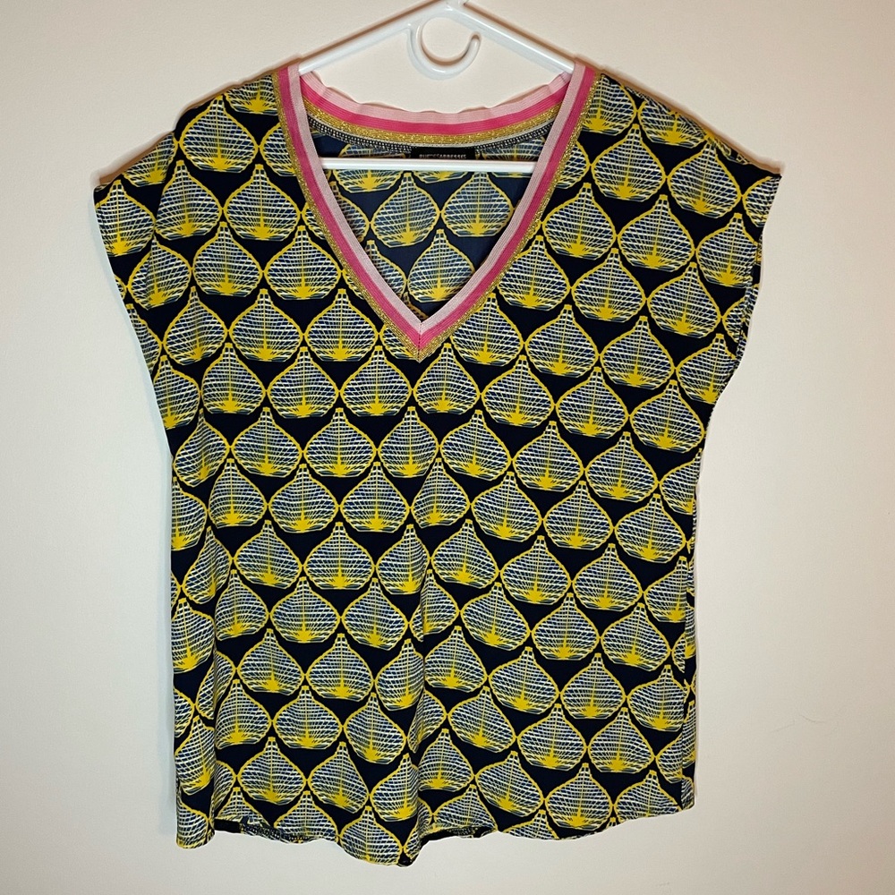 RUE DES ABBESSES PARIS Blue & Yellow Ankara Style V-Neck Blouse | Size S